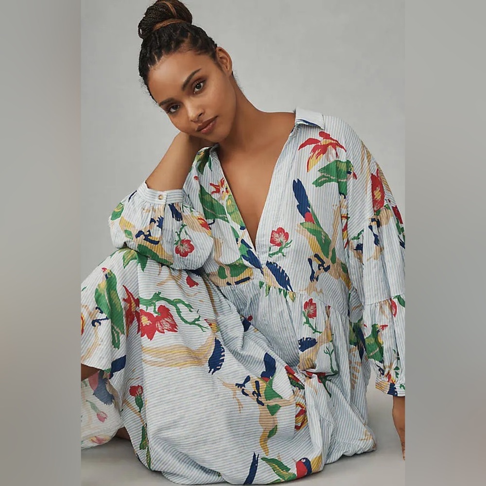 By Anthropologie Blue Printed Tiered NWT Plus XL Long Shirt Dress